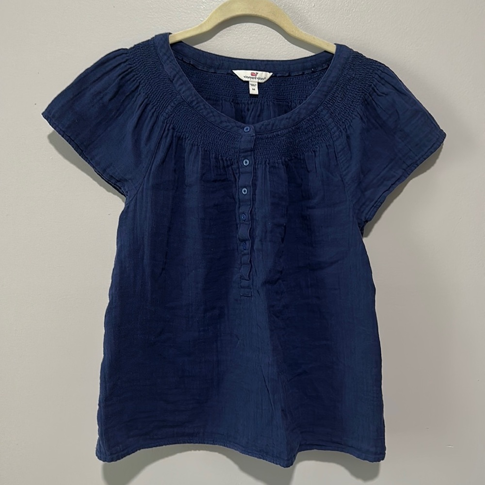 Vineyard Vines Navy Deep Bay Blue Gauze Flutter Sleeve Smocked Top Sz M